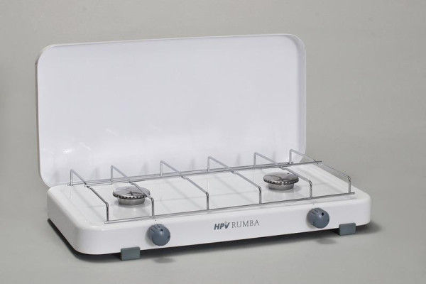 Vařič plynový dvouhořákový Rumba s víkem a piezo zapalováním (50 mbar, výkon 3,8 kW, bílý)