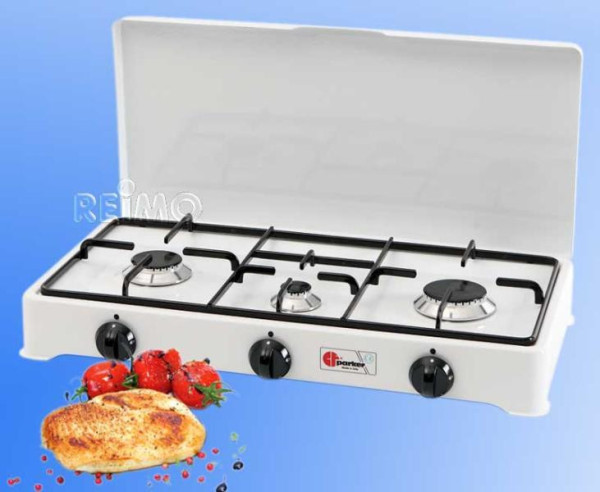 Vařič plynový přenosný Parker 3 hořáky 5,15 kW, smaltové tělo, 8 mm přípojka, pojistka zapalování
