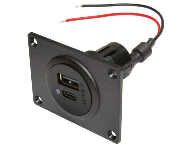 Zásuvka dvojitá s montážní deskou, napájení USB-C/A, 12-24V DC, černá