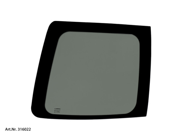 Tmavě tónované pevné bezpečnostní sklo levých zadních dveří pro VW Caddy Maxi (750 × 596 mm, r.v. 2008–2020)