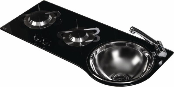 Kombinace dřezu a 2hořákového vařiče z tvrzeného skla (788 × 335 mm, 30 mbar)