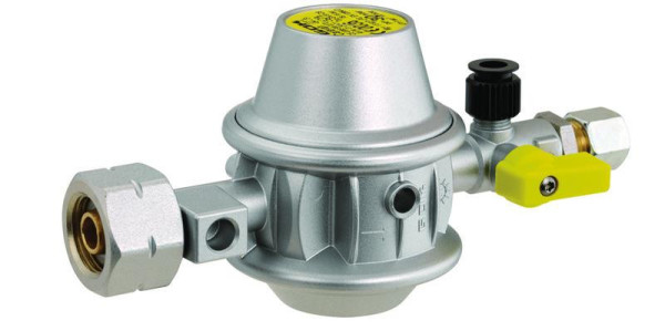 Regulátor tlaku plynu 30 mbar typ EN61-DS pro stabilní plynové nádrže obytných vozidel 1,5 kg/h GF x RVS 8 s pojistkou ÜDS