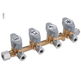 Rozdělovač plynový čtyřcestný GOK DSV, vstup 10 mm, 4 výstupy 8 mm, max. tlak 5 bar, se samostatnými uzavíracími ventily