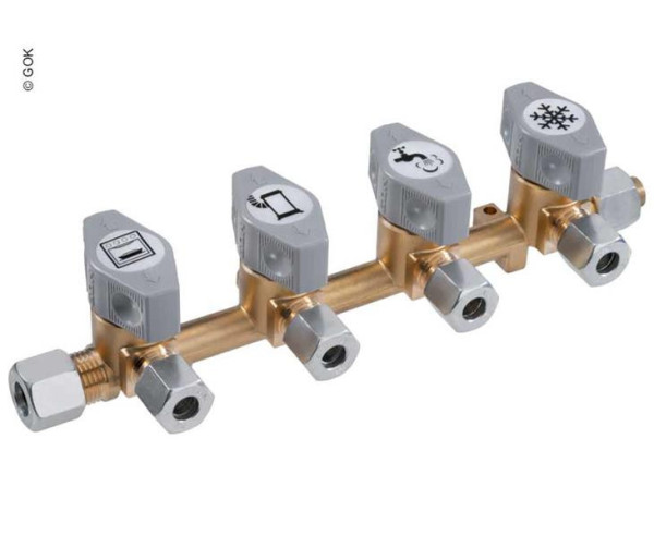 Rozdělovač plynový čtyřcestný GOK DSV, vstup 10 mm, 4 výstupy 8 mm, max. tlak 5 bar, se samostatnými uzavíracími ventily