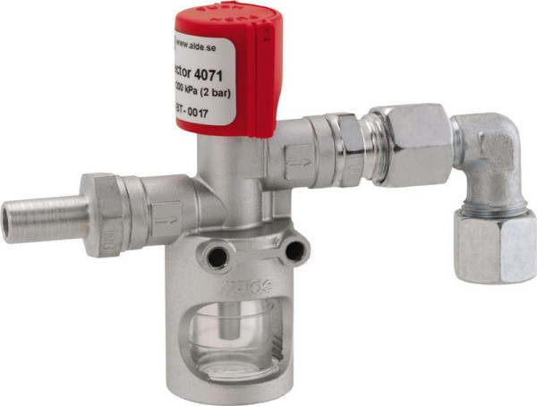 Zkoušečka těsnosti plynu Typ 4071 (Leckagetestgerät), úhlový výstup 90°, šroubení RST 8 × RVS 8 mm, max. tlak 2 bar