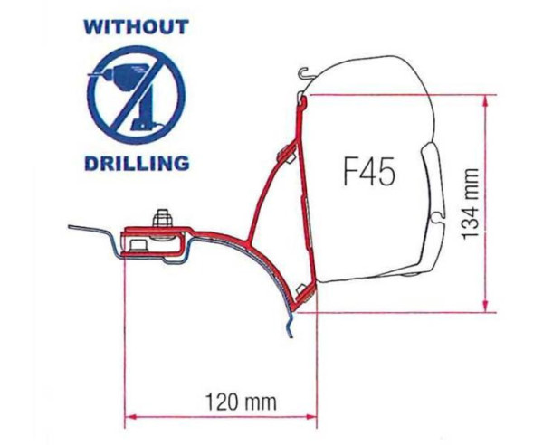 Adaptér markýzy Fiamma Kit VW T5 / T6 Transporter a Multivan – UK verze (pro vozidla bez C-lišty, levá strana pro pravostranné řízení, sada 2 ks, 21,5 cm)