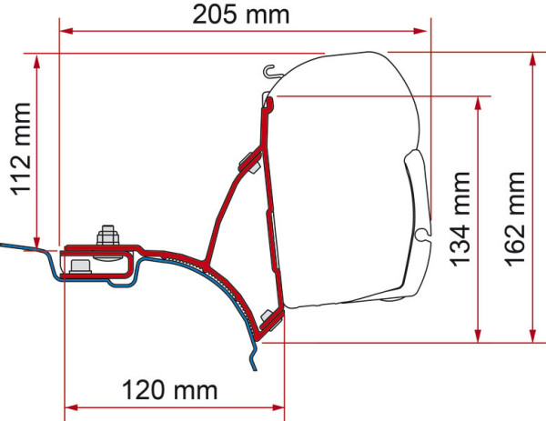 Adaptér markýzy Fiamma Kit VW T5 / T6 Transporter a Multivan – UK verze (pro vozidla bez C-lišty, levá strana pro pravostranné řízení, sada 2 ks, 21,5 cm)