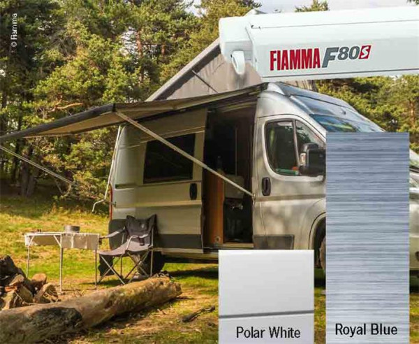Markýza střešní kazetová Fiamma F80s 4,0 m (bílé pouzdro, královská modrá, výsuv 2,5 m)
