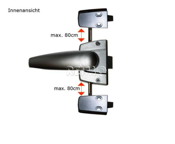 Zámek toaletní tříbodový dveřní sada s otočnými tyčemi délka 80 cm lesklý chrom pro koupelny a nábytek v karavanech a obytných vozech