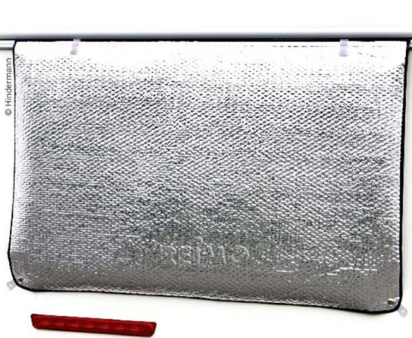 Termo rohož okenní vnější s kedrovou lištou 160 × 74 cm reflexní s tmavě modrým lemováním pro okna karavanů