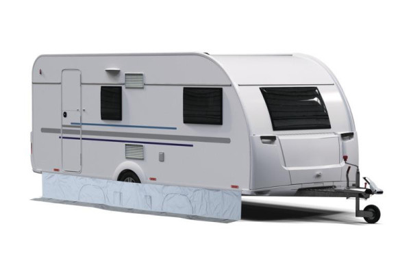 Plachta větrná pod karavan spodní krycí lem 600 × 45 cm polyester 210T PVC se 4 kapsami a přepravní taškou světle šedá