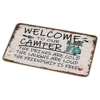 Rohožka sametová s motivem karavanu Welcome to the camper - šedý lem 80x50cm