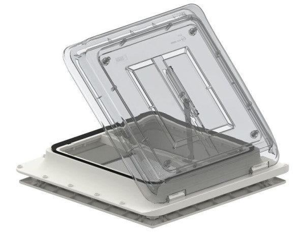 Okno střešní Fiamma Vent 40 Crystal (aerodynamický střešní poklop 40 × 40 cm s kouřovým/matným sklem Crystal, nuceným větráním a moskytiérou)