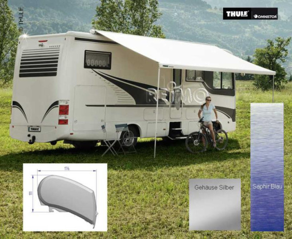 Střešní markýza Thule Omnistor 9200 eloxovaná 6,0 m safírově modrá nástavec 300 cm (centimetry)