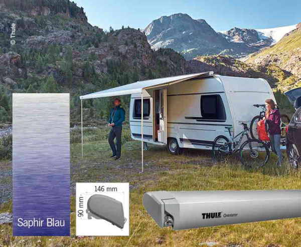 Markýza střešní kazetová Thule Omnistor 6300 4,0 m (stříbrný elox, safírově modrá, výsuv 2,5 m)