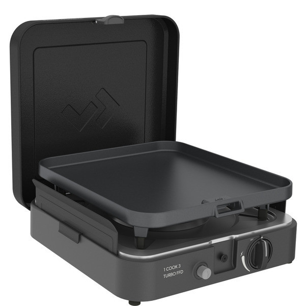 Vařič a plynový gril stolní Cadac 1-Cook Turbo FFD Flat Plate 30 mbar (výkon 2,2 kW, hladká deska, ochrana plamene, taška)