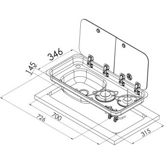 Kombinace sporák-dřez, 726x346x140mm, 30mbar, piezo zapalování