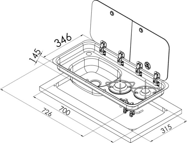 Kombinace sporák-dřez, 726x346x140mm, 30mbar, piezo zapalování