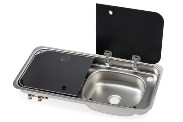 Kombinace dřezu a dvouvařiče Carbest se skleněným krytem, dřez vpravo (726 × 346 mm)