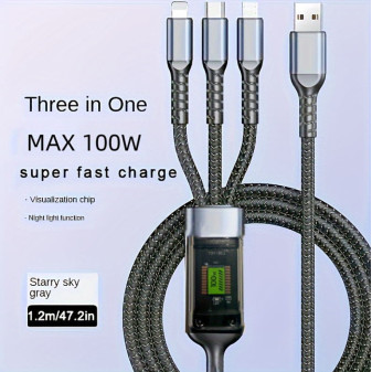 Kabel USB - 3 spoje, 120cm, 120W, extra rychlé nabíjení