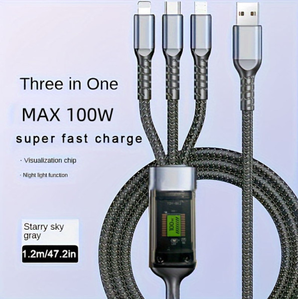 Kabel USB - 3 spoje, 120cm, 120W, extra rychlé nabíjení