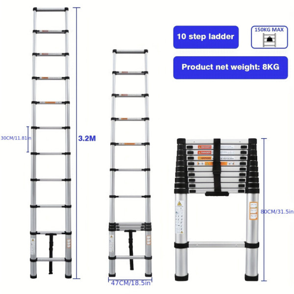 Žebřík teleskopický 10 schodů s hákem 320cm
