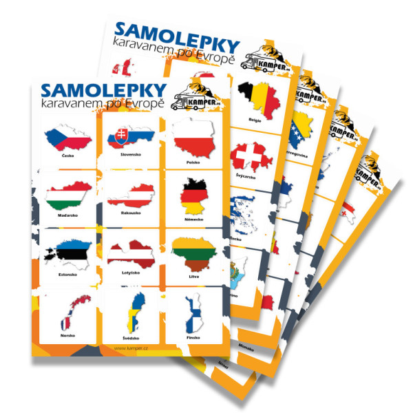 Cestovatelské vlajkové samolepky - státy a území Evropy a okolí 60ks, 5 listů A4