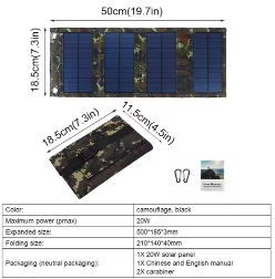 Nabíječka solární rozkládací pro kempování a turistiku 1200MA 5V 105x165x20mm - 440x165x3mm
