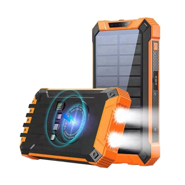 Powerbanka solární, 4 vestavěné kabely, bezdrátové nabíjení, 20000 mAh