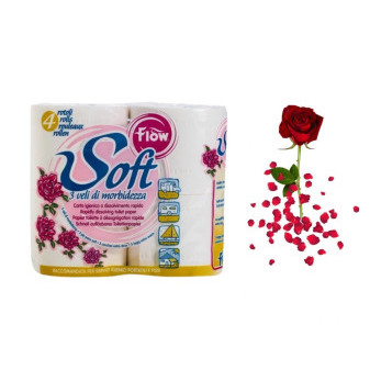 Flow Soft toaletní papír 3vrstvý, 4role, speciální,rychle se rozpouštějící - růže