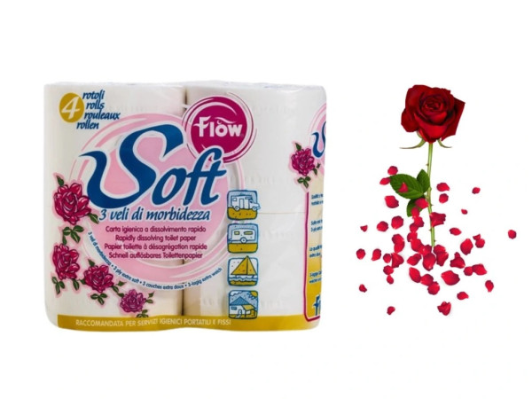 Flow Soft toaletní papír 3vrstvý, 4role, speciální,rychle se rozpouštějící - růže