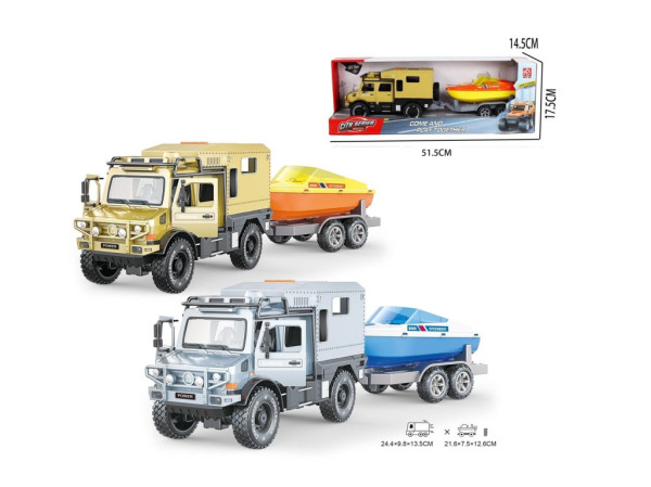 Model obytný vůz 1:16 Unimog Loďka s vlečkou
