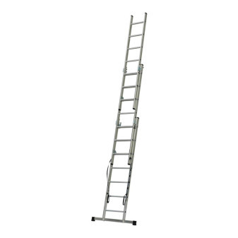 Trojdílný hliníkový žebřík 3 × 7 – výsuvný, štafle, nosnost 150 kg