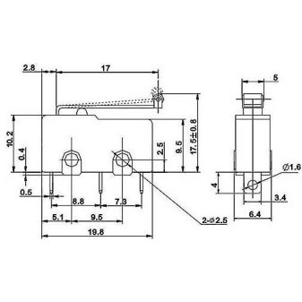 Mikrospínač ON-(ON) 1pol.250V/5A s páčkou 17mm