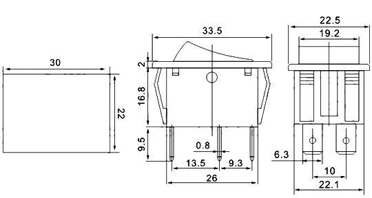 Přepínač kolébkový ON-OFF-ON 250V/15A černý
