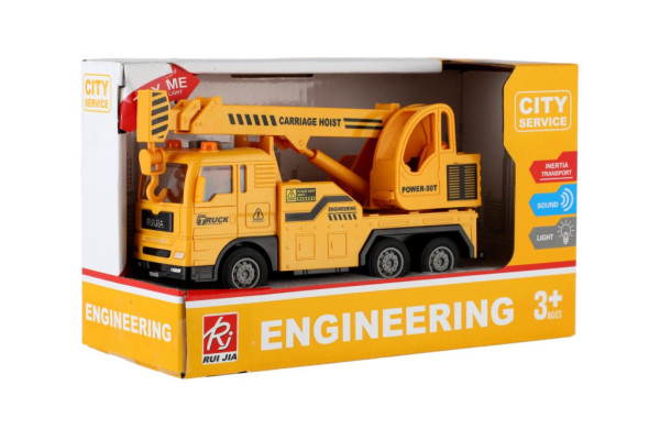 Hračka Auto jeřáb plast 16cm na setrvačník na baterie se světlem se zvukem v krabici 21x13x9cm