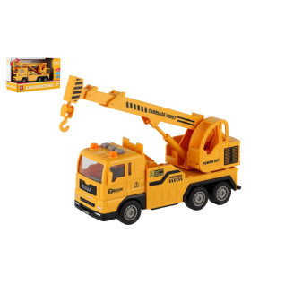 Hračka Auto jeřáb plast 16cm na setrvačník na baterie se světlem se zvukem v krabici 21x13x9cm