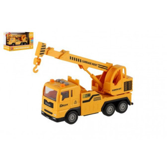 Hračka Auto jeřáb plast 16cm na setrvačník na baterie se světlem se zvukem v krabici 21x13x9cm