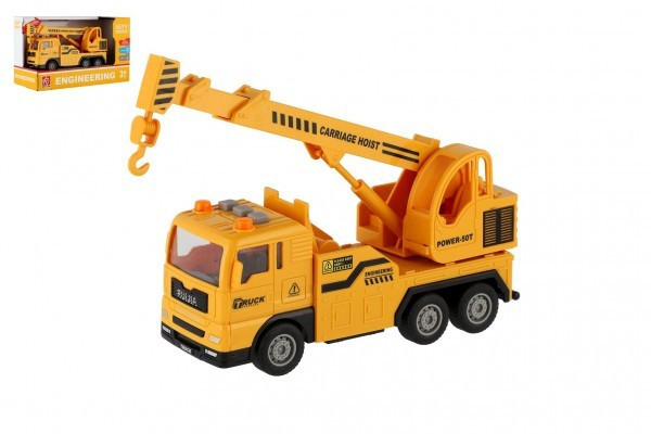Hračka Auto jeřáb plast 16cm na setrvačník na baterie se světlem se zvukem v krabici 21x13x9cm