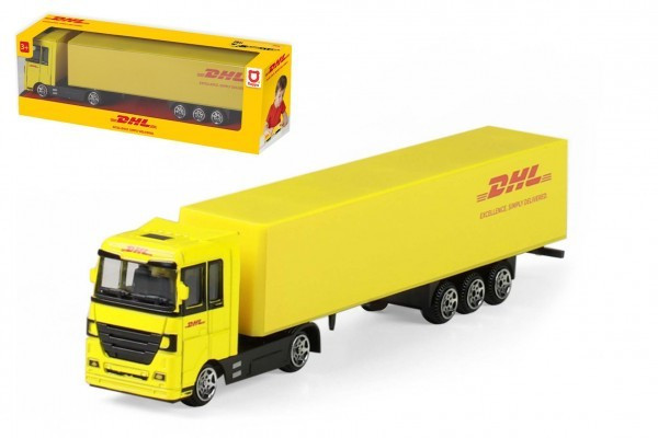 Hračka Auto kamion s návěsem DHL plast 19cm na volný chod v krabičce 20x6x4cm