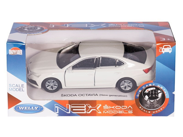 Hračka Model Škoda Octavia bílá 13,5x6,7cm v krabici 25x14,5x4,5cm