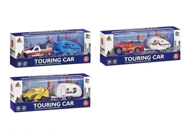 Hračka auto s mini karavanem/přívěsem, kov/plast, na volný chod, 14 cm, 3 druhy