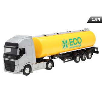 Hračka model 1:64, VOLVO FH, stříbrný tahač, žlutá cisterna ECO