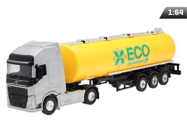 Hračka model 1:64, VOLVO FH, stříbrný tahač, žlutá cisterna ECO